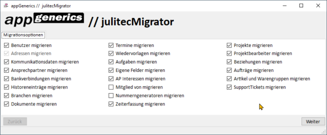 julitecMigrator Optionen